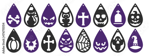 Halloween teardrop designs for earrings, pendant or keychain. Spooky jewelry templates. Laser cut with leather, wood or metal. Vector stencils of hanging bijouterie. Jewellery silhouette for cutting