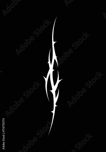 Symmetrical white tribal tattoo design with sharp thorns on a solid black background illustration
