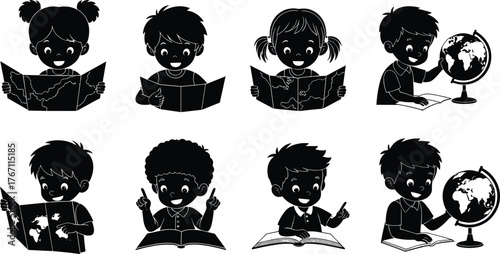 Happy children silhouette vector illustration, kids reading books and maps, students learning with globe, educational cartoon design, school education concept artwork