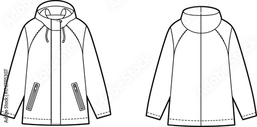 Modern hooded jacket technical flat sketch, casual outerwear fashion design illustration, detailed front and back view coat drawing, apparel template
