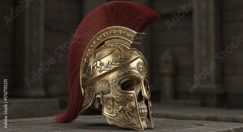 Ornate Golden Spartan Helmet with Skull and Red Plume, Adorned with Mythical Beasts, Resting on Ancient Stone in a Historical Setting