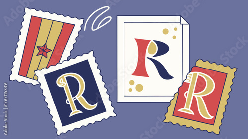 Letter r in different styles and formats on a purple background, retro style
