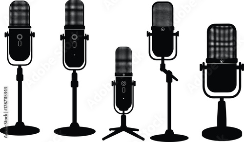Set of classic and modern studio microphone silhouette vector illustration, black and white audio recording mic collection, minimal design style