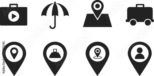Set of black travel and location icons, map pin symbols, suitcase, umbrella, GPS navigation vector design for tourism concept illustration