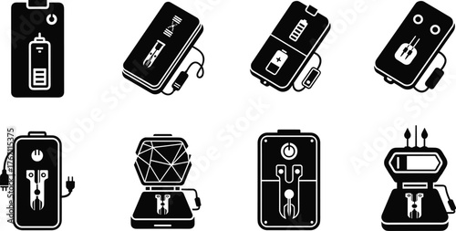 Set of electric battery chargers and portable power banks, modern charging devices collection, rechargeable energy storage technology vector illustration