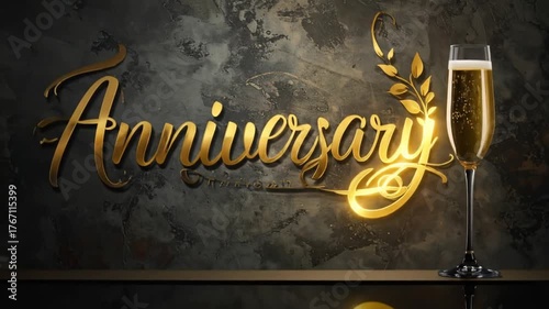 Anniversary Celebration with Champagne Toast and Golden Text