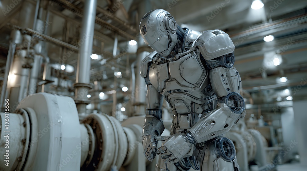 Fototapeta premium Advanced humanoid automaton stands dejectedly within a large industrial machinery environment