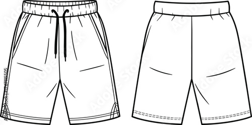 Shorts technical drawing, fashion illustration front back view, elastic waistband, drawstring, stitching details, garment design, clothing template, apparel sketch