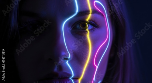 Vibrant Cyberpunk Portrait of a Woman with Luminous Neon Lines Tracing her Face in a Dark, Futuristic Setting