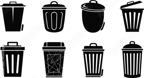 Trash bin icon collection, waste management design, recycling container symbol set in black silhouette style for environmental and cleaning concepts
