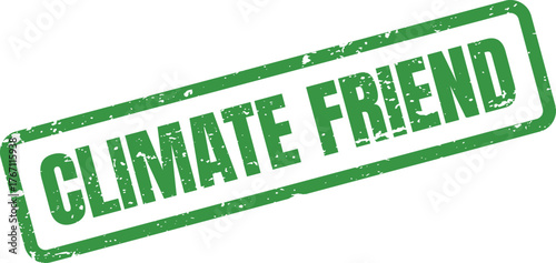 Green distressed rubber stamp with Climate Friend text promoting eco conscious and sustainable living
