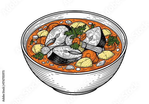 Yushka soup with fish and vegetables sketch for Ukrainian cuisine illustration and cookbook design