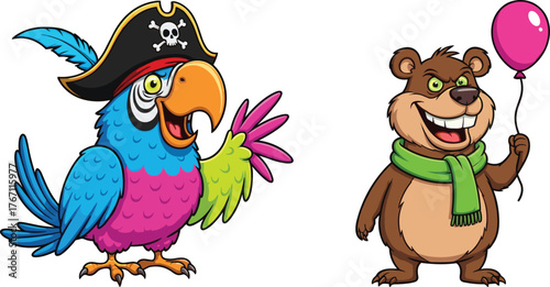 Vibrant Cartoon Pirate Parrot with Skull Hat Waving Hand Next to a Grinning Bear in a Scarf Holding a Pink Balloon Vector Illustration.