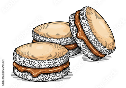 Alfajores sandwich cookies sketch for Argentine dessert illustration and confectionery packaging design