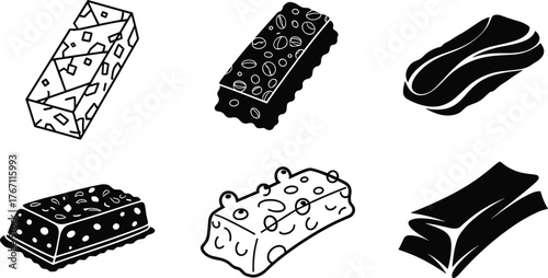 Vector illustration of different chocolate bars, candy bars, dessert sweets, isolated icons, black and white snack collection, confectionery, design elements