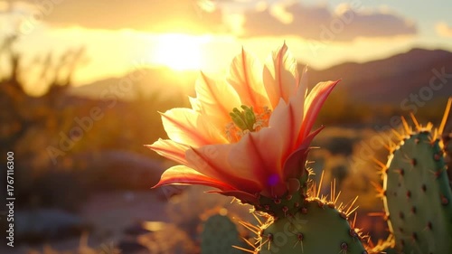 Blooming Cactus Flower at Sunset in Desert Landscape