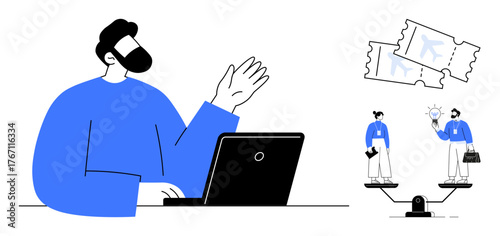 Man at laptop waving, balancing work and leisure, tickets signifying choices. Ideal for work-life balance, decision-making, productivity, time management, multitasking, career goals simple flat