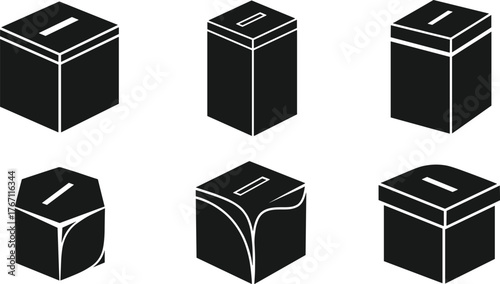 Black and white 3D ballot box vector icons set for election, voting, democracy, government, and political design illustrations