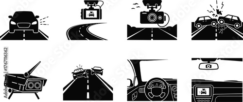 Black car dashboard camera icon set, road accident recording, safety monitoring, traffic surveillance, and vehicle control technology vector illustration