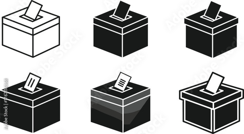 Black and white ballot box vector icons with voting paper for election, democracy, political decision, and government voting concept design