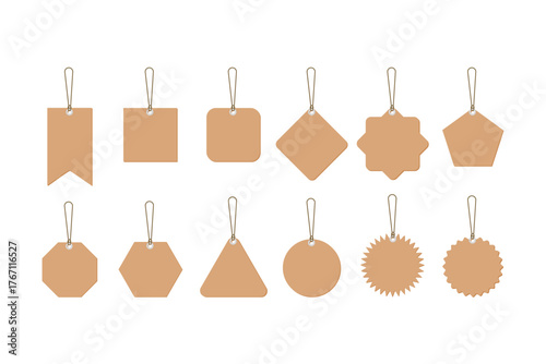 Blank paper price tags collection with strings in different shapes