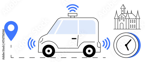 Self-driving car guided by GPS pin, wireless signals, clock, and castle landmark. Ideal for technology, transport, innovation, GPS future mobility navigation and time management. Simple flat