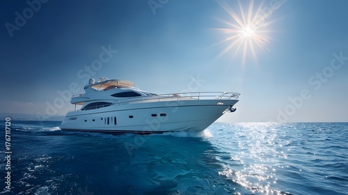 Luxurious motor vessel cruises swiftly across deep blue open water under bright sunlight