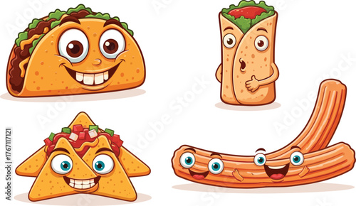 Funny cartoon taco burrito nachos and churro characters, cute smiling Mexican food illustration, happy snack mascot vector, white background