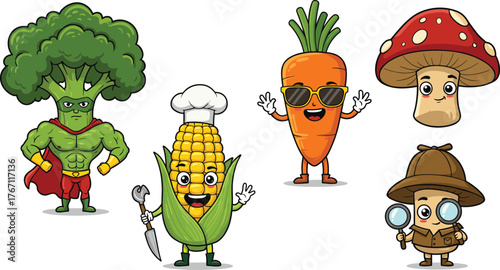 Funny cartoon vegetables characters, superhero broccoli, chef corn, cool carrot, detective mushroom illustration, cute healthy food vector art, vegetable heroes design