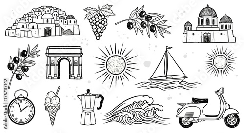 Collection of Italian and Mediterranean summer vacation icons, including landmarks, food, and transportation