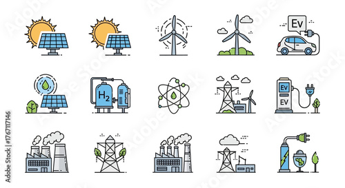 A modern line icon set representing sustainable energy sources, power plants, electric grid infrastructure, and green technology