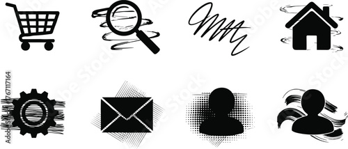 Hand drawn brush stroke icon set with shopping cart, magnifying glass, gear, envelope, house, and user symbol design