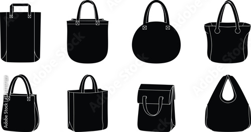 Handbag silhouettes, purse icon set, fashion accessory vector, black and white illustration, stylish bag shapes, retail branding elements