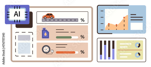 Vehicle data analytics, oil and tire condition, road tracking, graphs, and AI integration. Ideal for transportation, performance metrics, technology insights, business intelligence research modern