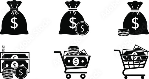 money bag icons, dollar coin and cash illustration, shopping cart finance concept, banking investment vector, economy and business design