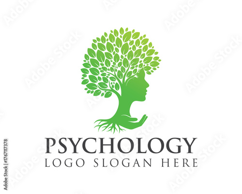 Psychology logo featuring a tree with a human face silhouette, symbolizing growth and mental health isolated on white background ideal for psychology clinics and mental health professionals