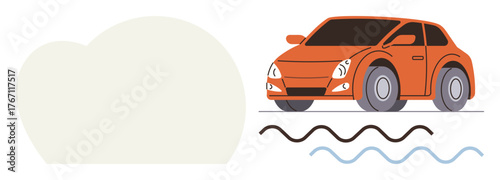 Orange hatchback car over wavy lines signifying motion, energy, or road vibrations. Ideal for transportation, mobility, innovation, automotive industry, speed energy eco-driving concepts. Simple