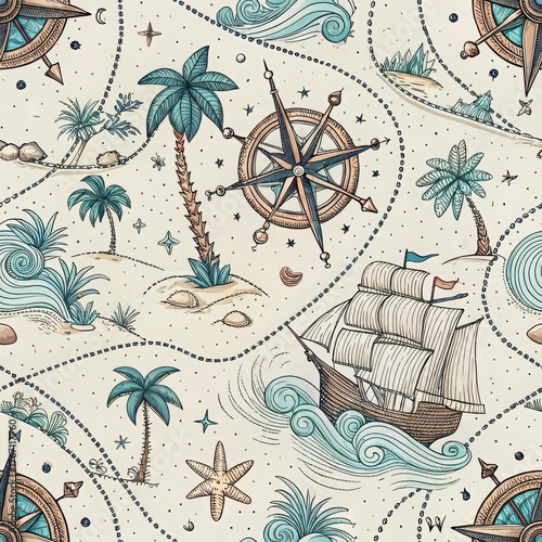 Vintage seamless pattern featuring old sailing ship compass roses palm trees and starfish on map background