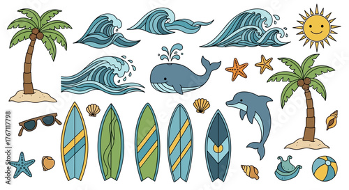 Beach and Ocean Illustration Set Palm Trees, Waves, Surfboards, and Marine Life Design