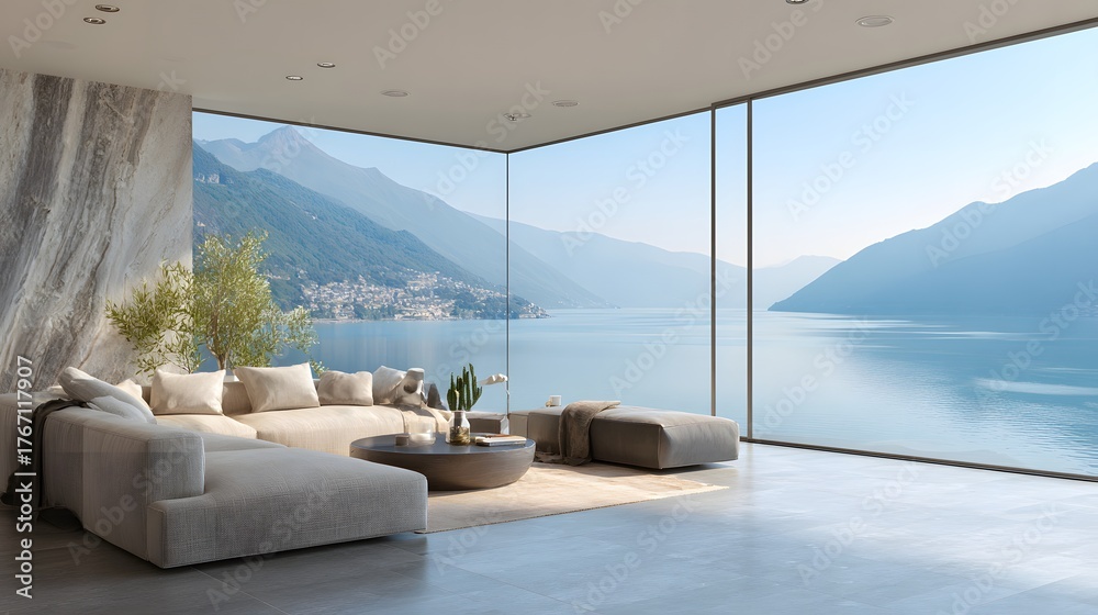 Fototapeta premium Contemporary living space features expansive glass walls overlooking a serene mountain lake vista