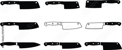 Set of kitchen knife silhouettes vector, black chef cleaver and butcher knife illustration for cooking, restaurant, food design use