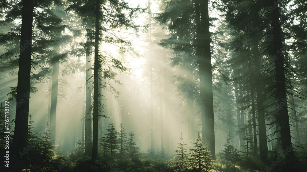 Obraz premium Sunlight streams dramatically through the mist and tall evergreen trees in a dense woodland setting