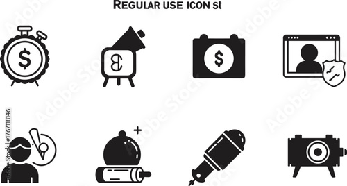Set of regular use business and creative icons collection, finance, design, technology, microphone, camera, web security vector illustration