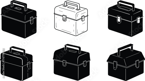 Set of six black and white toolbox vector illustrations, minimal line art design, handyman tool case icon collection, isolated