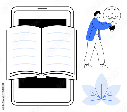 Open book on smartphone screen, man holding light bulb, abstract flower. Ideal for education, e-learning, creativity, innovation, technology self-learning and knowledge-sharing. Simple flat