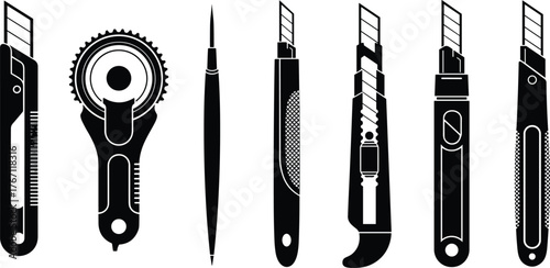 Set of various utility knives, cutting tools, craft blades, and precision cutters isolated on white background, black silhouette illustration, equipment, stationery, DIY, 