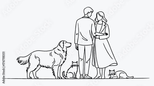 Linear art of a couple with their dog and cats together