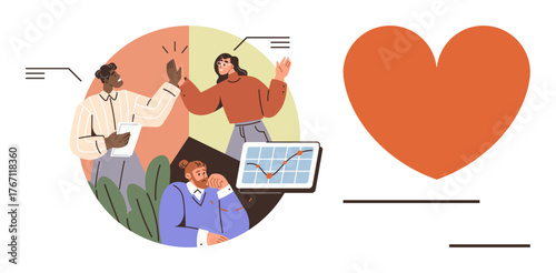 Office team celebrating with high-five, success chart, heart icon. Ideal for teamwork, collaboration, positivity, success, leadership workplace harmony motivation. A simple flat metaphor