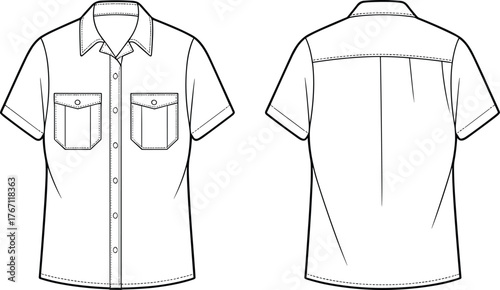 Short sleeve button up shirt flat sketch, front and back view technical drawing, fashion vector template for apparel design illustration