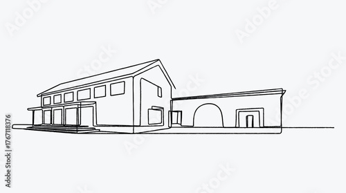 Minimalist single line drawing of a house and architectural structure